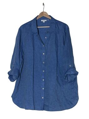 Chico's 100% Linen Button Up Shirt Size 18 Blue Lagenlook Minimalist Breathable